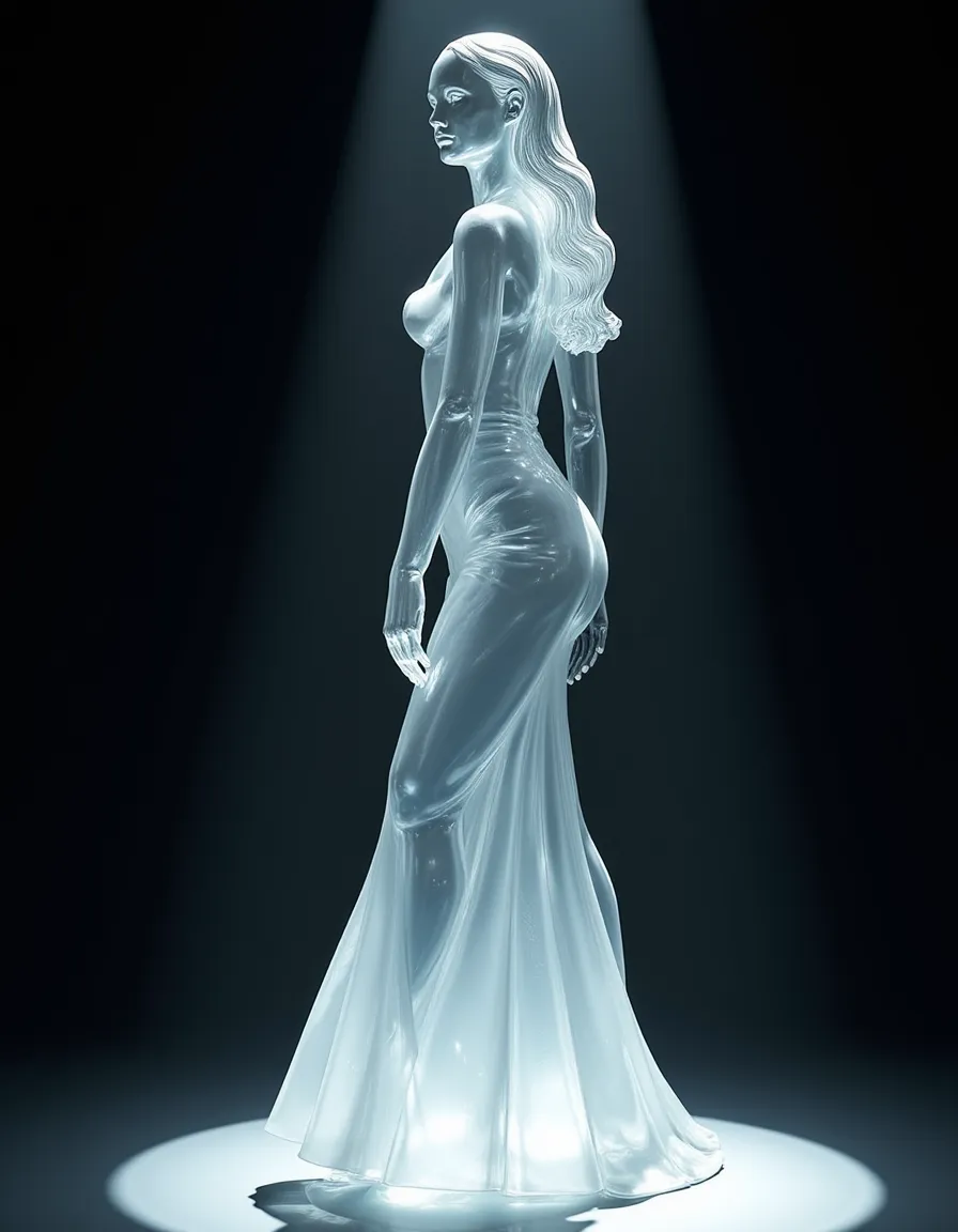 A tall slender female sculpture made of clear faceted glass with long flowing hair and a floor-length dress, illuminated by a spotlight from above.