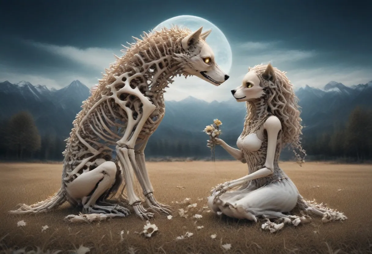 Two skeletal wolves with humanoid features, one sitting and holding flowers, the other crouching, set in a natural field with mountains and a full moon in the background