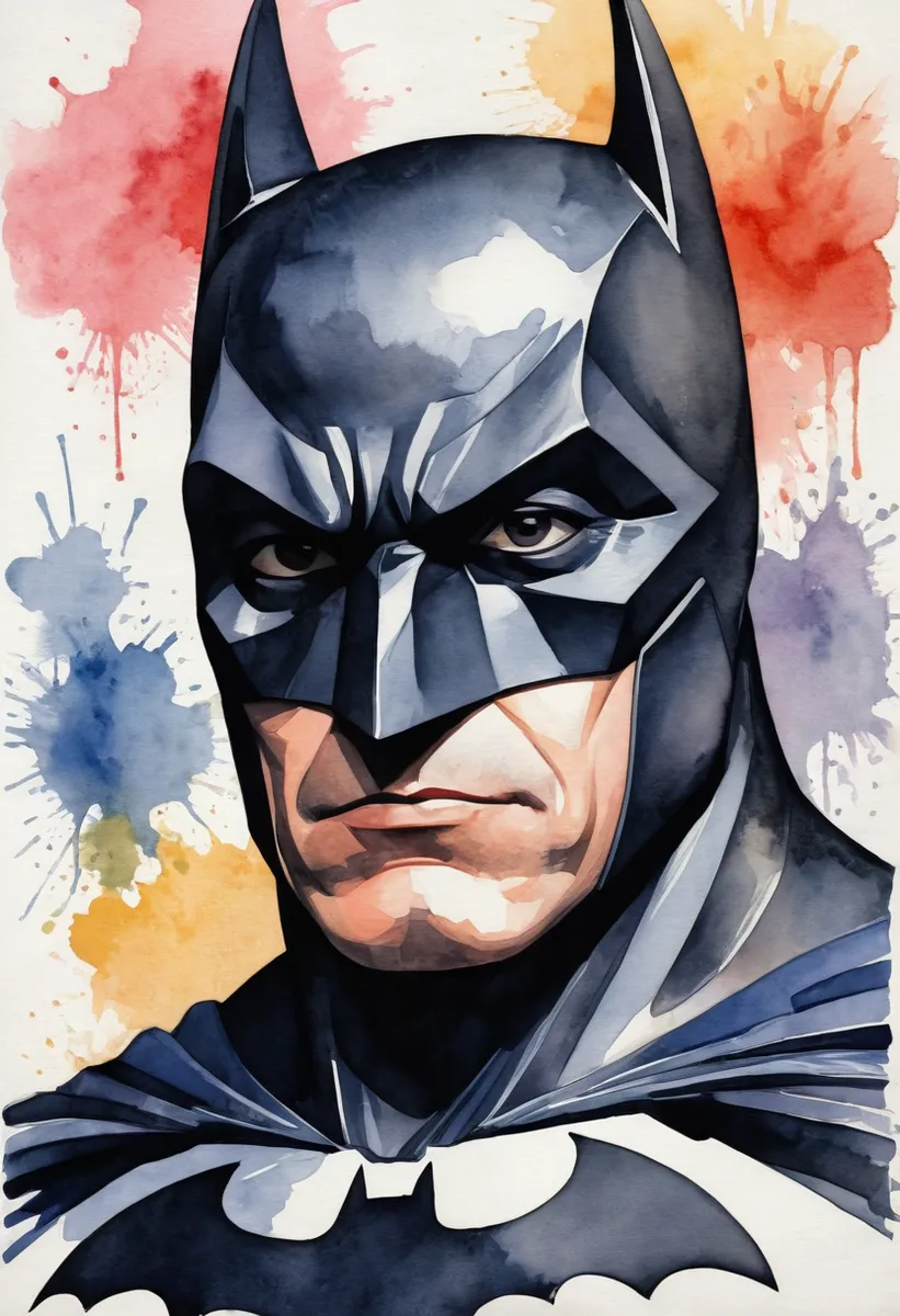 Watercolor portrait of Batman in a cubism style with abstract colored splashes in the background
