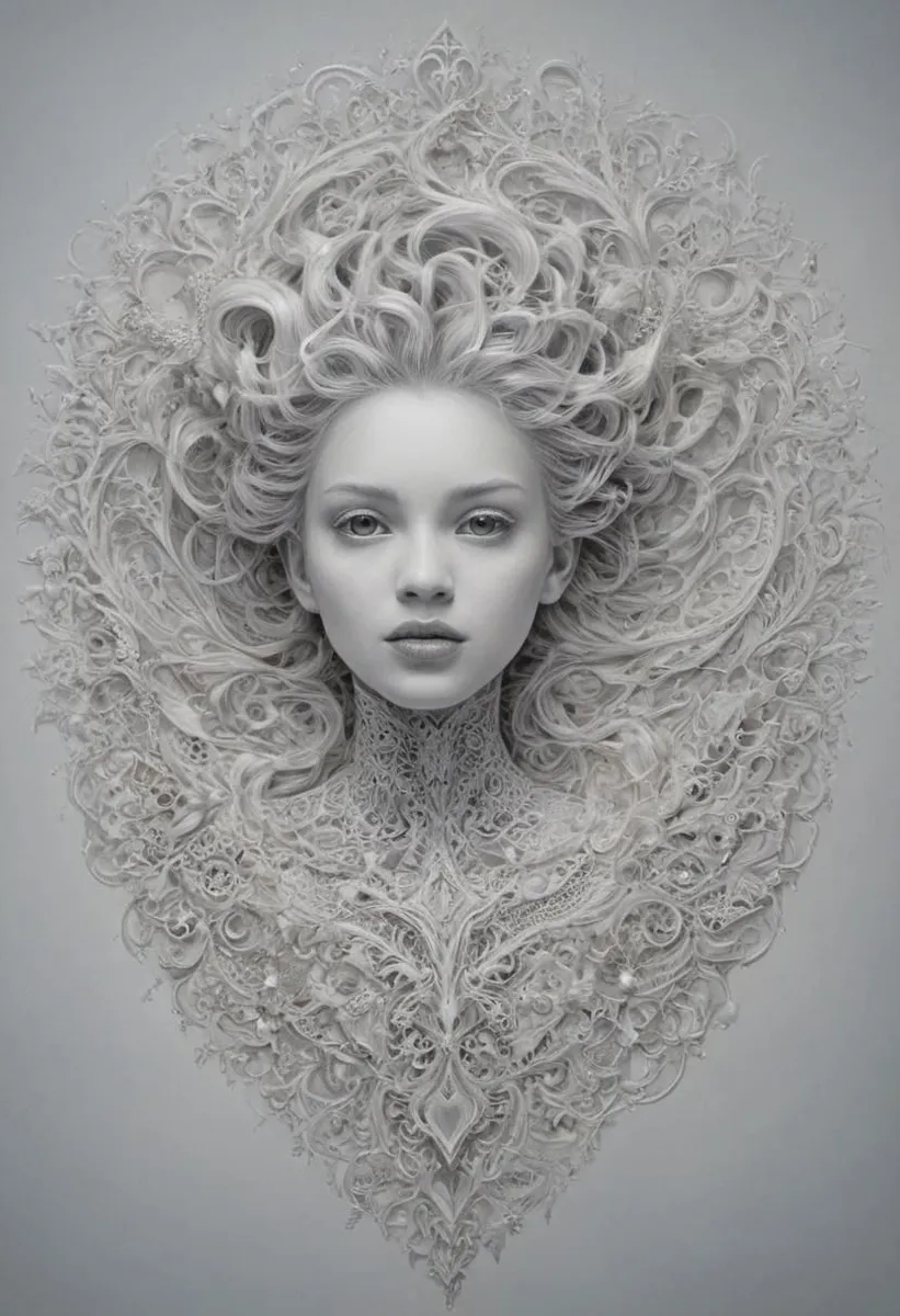 A highly detailed monochrome portrait of a feminine face surrounded by intricate, swirling doodle art style patterns, looking directly at the viewer.