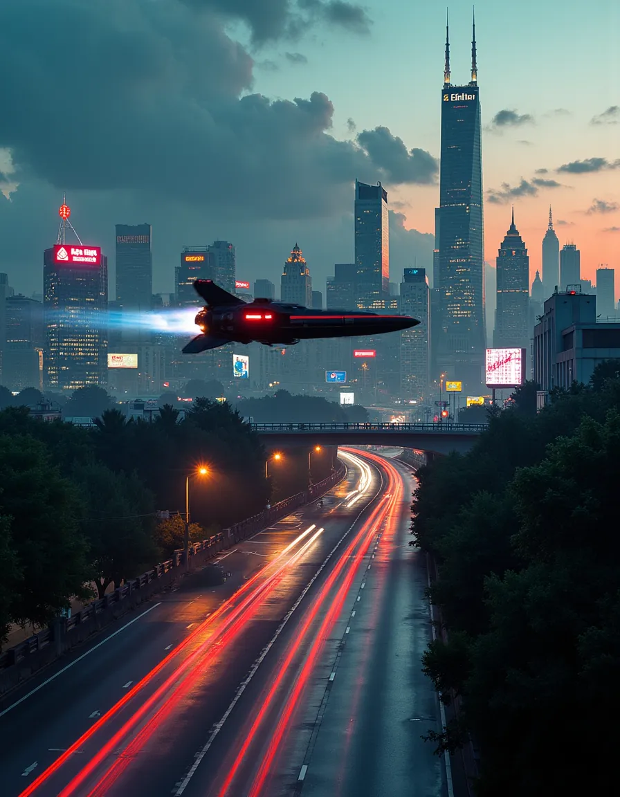A futuristic city skyline at evening with neon signs and billboards, featuring a flying spaceship close to the camera passing over a time lapse highway with streaks of light.