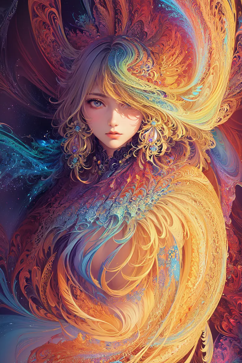 A highly detailed female portrait blended with vibrant and intricate fractal art patterns in colorful flowing forms.