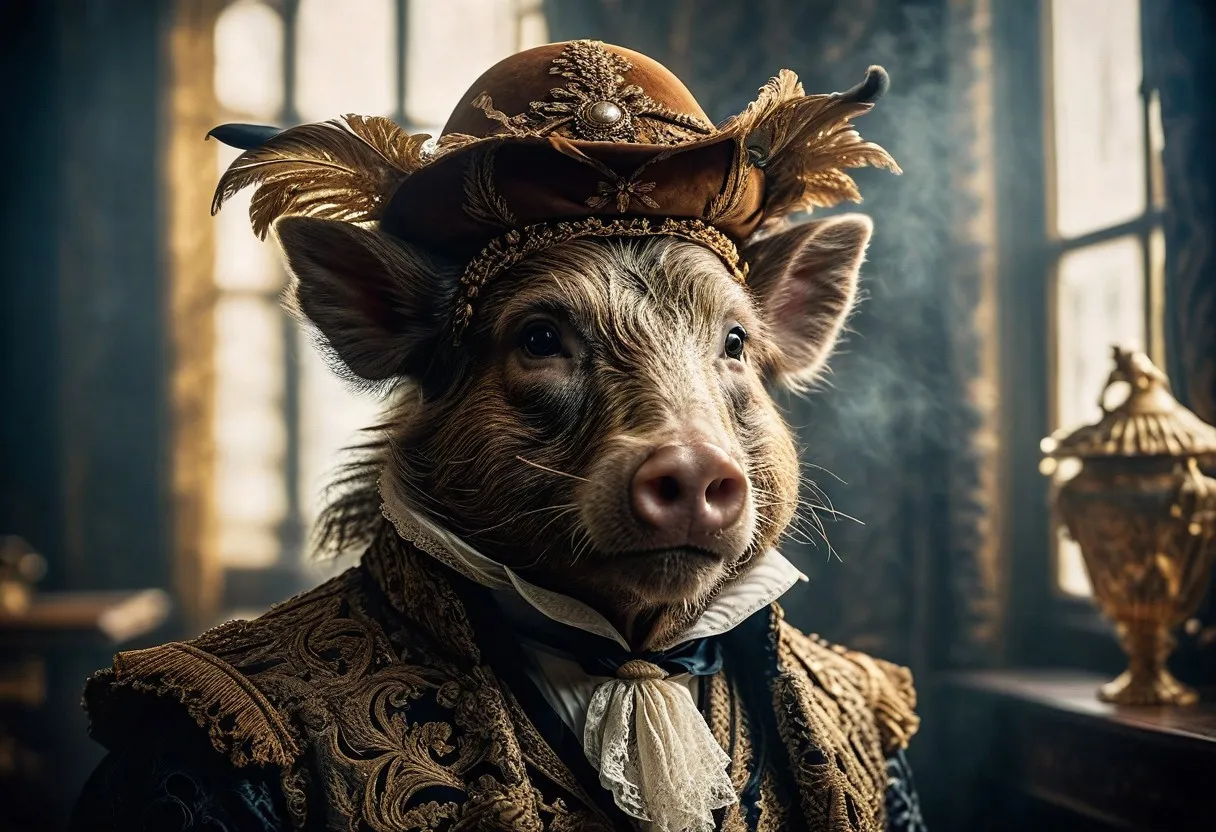 Ritratto iperrealistico di un cinghiale selvatico vestito con un sontuoso abbigliamento maschile del XVIII secolo, incluso un gilet ricamato, una cravatta arricciata e un cappello tricorno decorato.