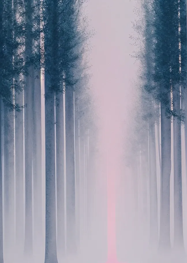 Abstract forest scene with tall, slender trees in soft blue and pink hues, surrounded by mist, conveying a peaceful and feminine mood.