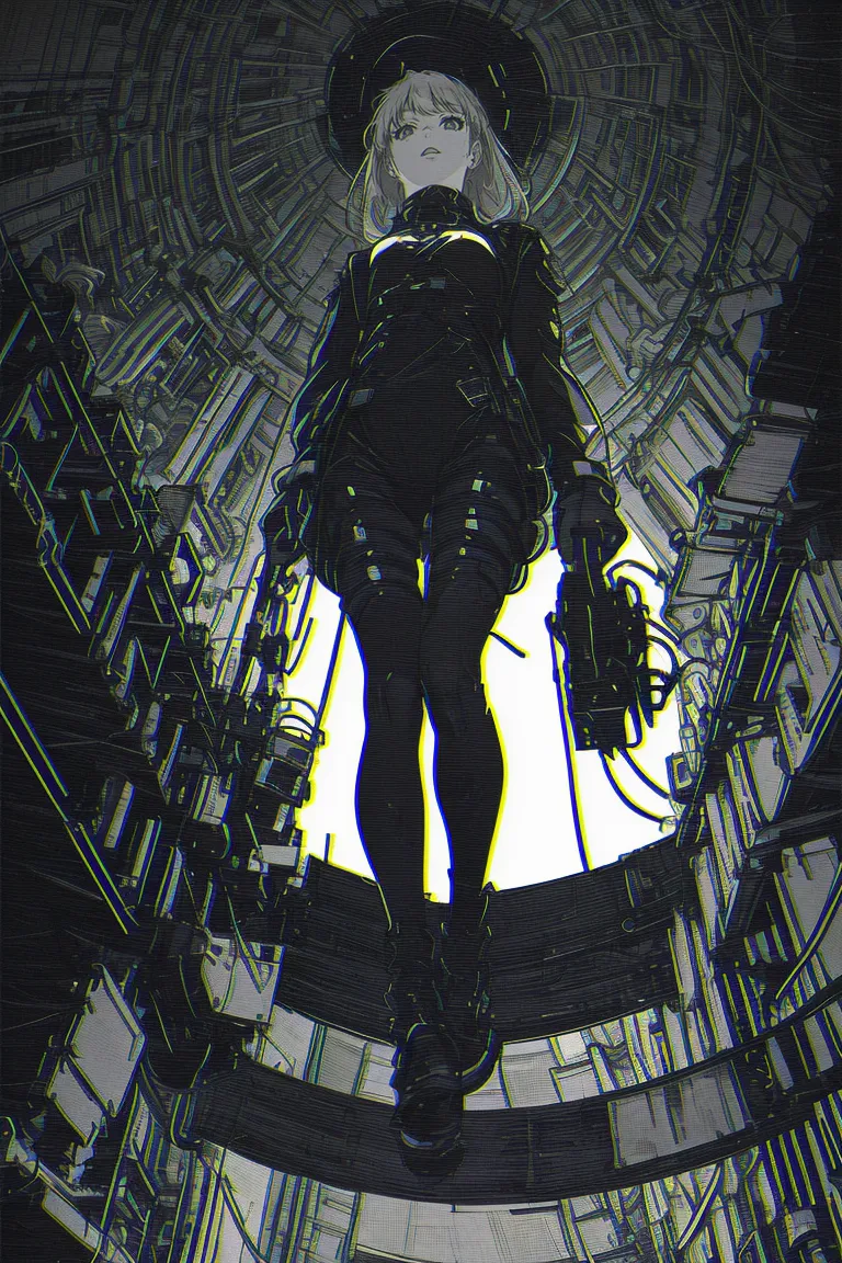 Full body view of a beautiful girl standing in a dark, futuristic street at night, viewed from below with intricate mechanical surroundings.