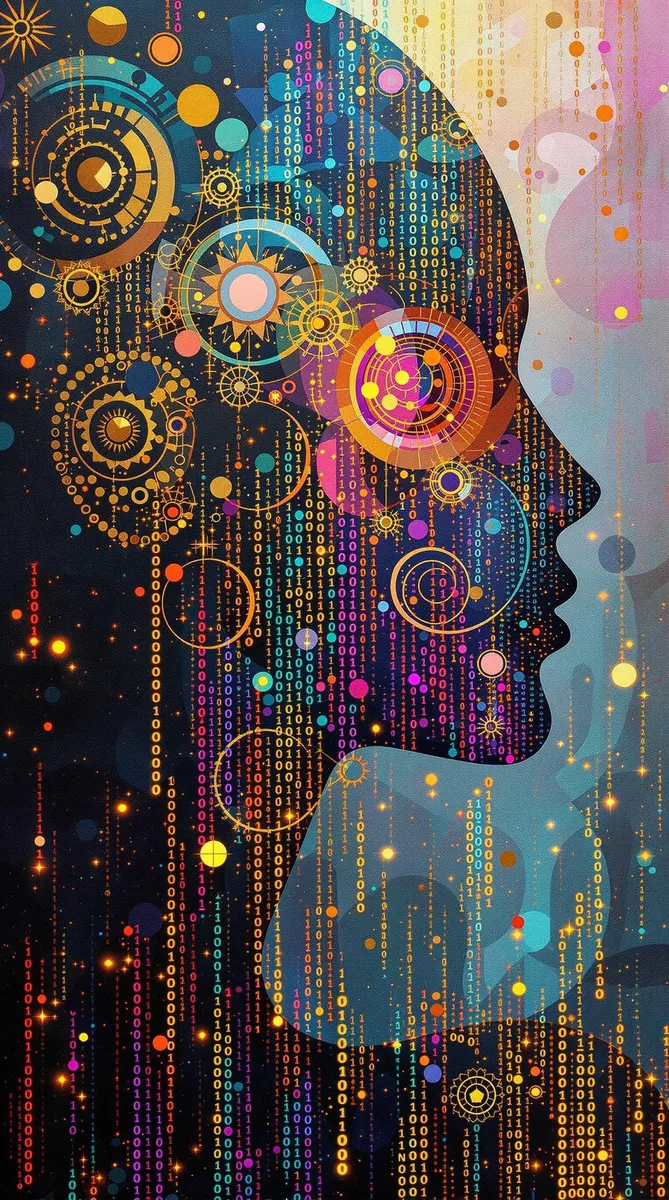 A digital silhouette formed by vibrant binary code in metallic teal, amber, orange, pink, aqua, indigo, silver, violet, red and gold hues, decorated with glowing zentangle patterns and volumetric light effects.
