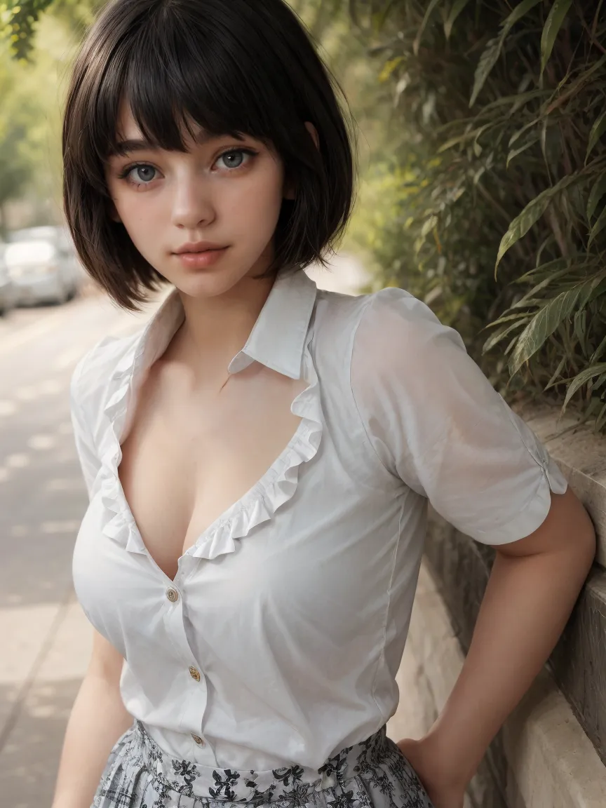 Portrait of a young woman with black bob cut hair, grey eyes, and detailed skin, wearing a white frilled shirt and floral print skirt outdoors.