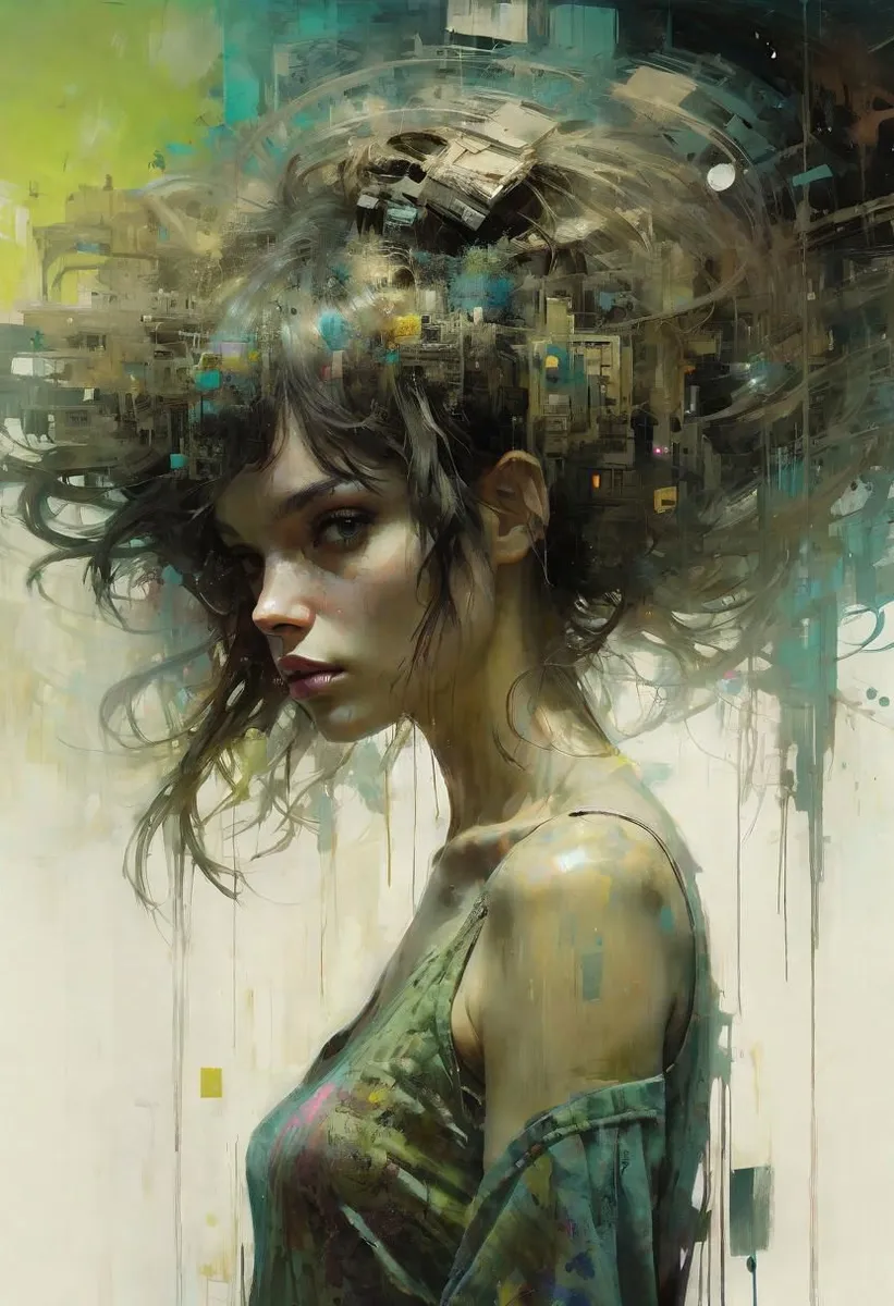 A hyper-detailed psychedelic portrait of a girl with abstract cityscape elements entwined in her hair, painted in the style of Jeremy Mann.