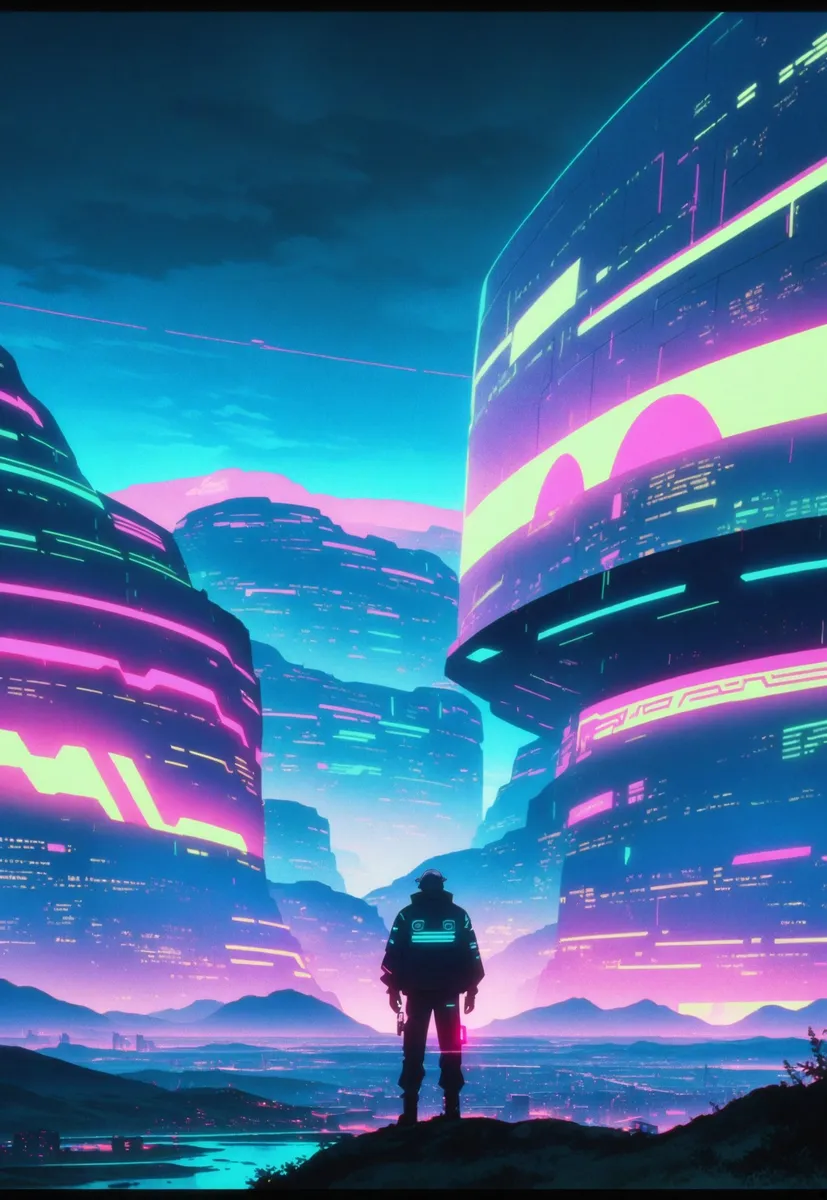 Silhouette of a person standing overlooking a neon-lit futuristic cityscape with towering high-tech buildings in a cyberpunk Texas inspired setting with a retrowave 1990s anime style.