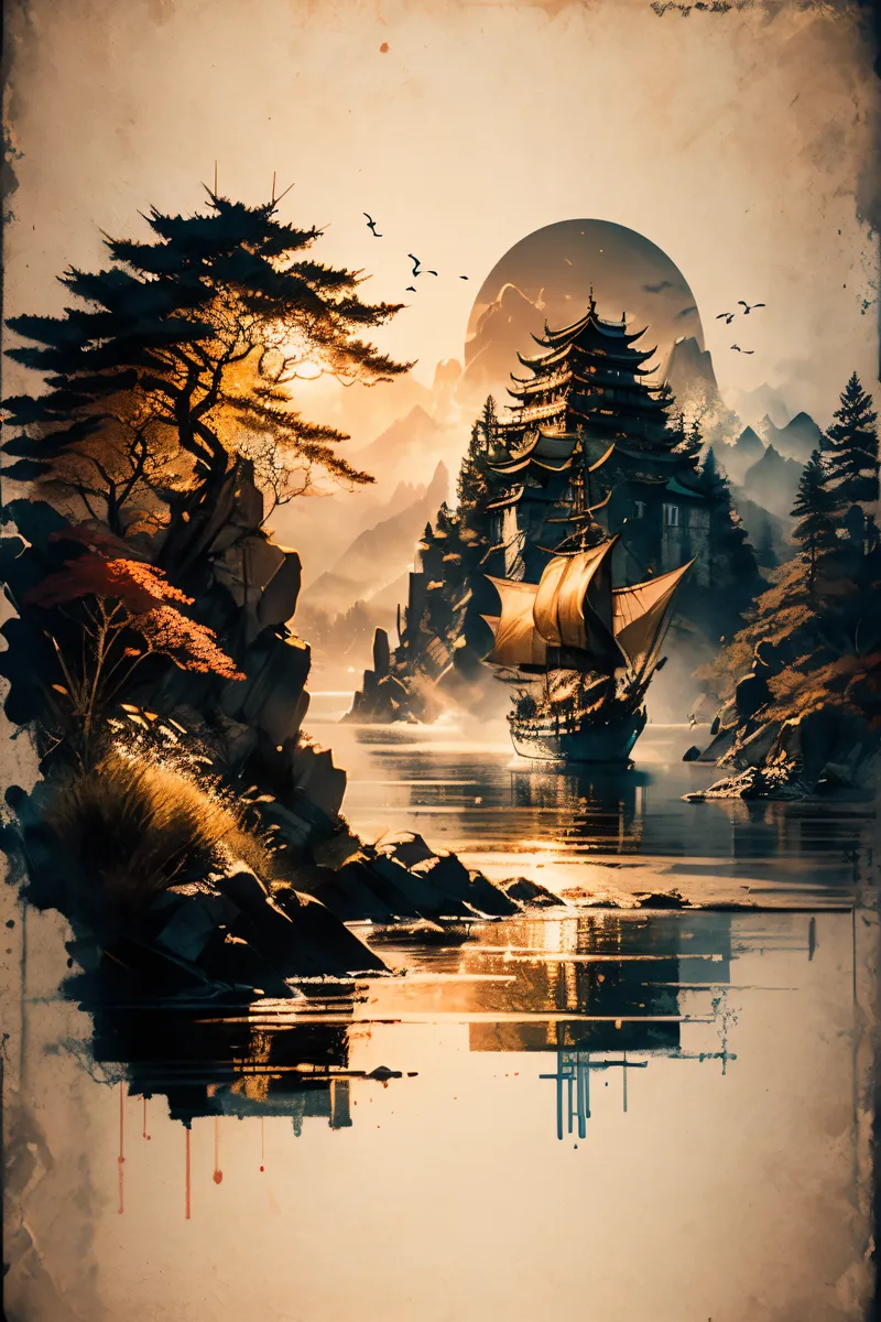 A scenic sunset view of an Asian pagoda surrounded by mountains and autumn trees, with a sailing ship approaching on the reflective water and birds flying in the sky.