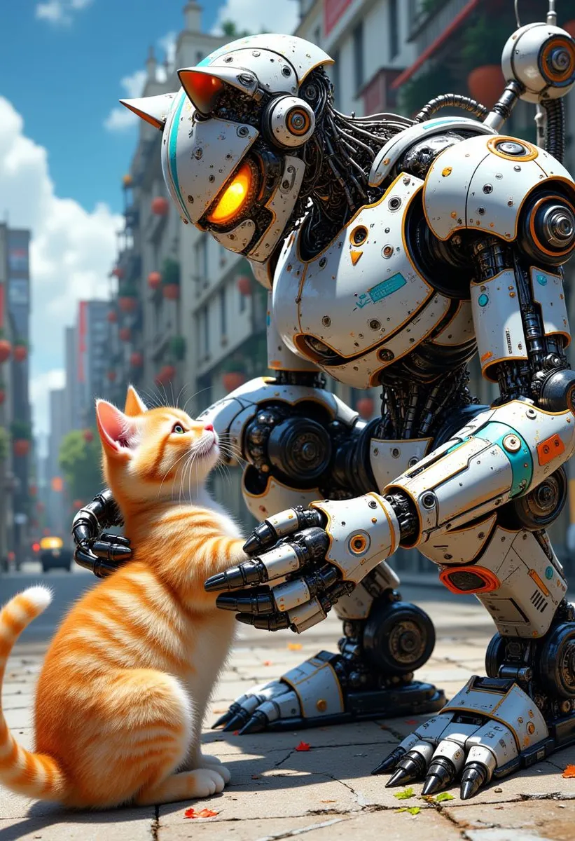 Highly detailed robot cat with glowing orange eyes gently interacting with an orange tabby kitten on a city sidewalk under a clear blue sky.