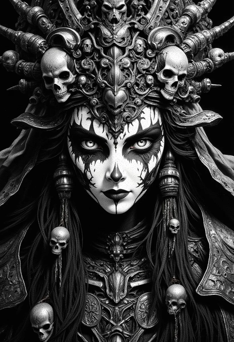 Portrait of a female shaman wearing an ornate skull-themed helmet with black and white skull face paint, glowing eyes, and detailed dark armor in monochrome high-contrast style.