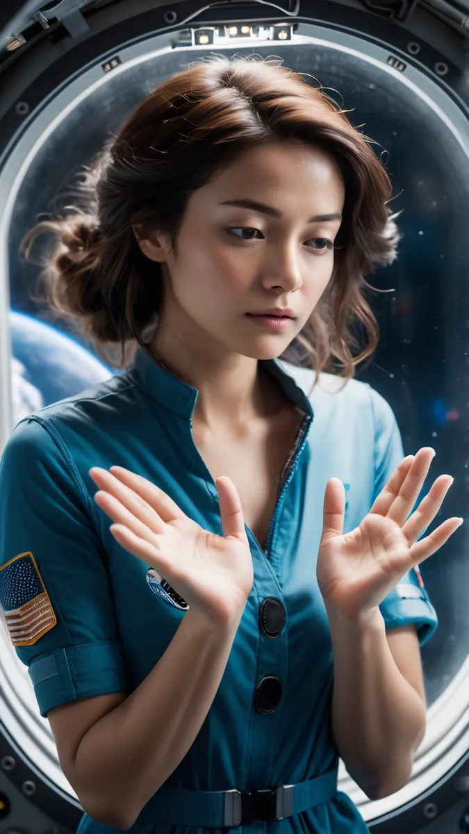 A woman astronaut in a blue suit with an American flag patch, standing inside a space station near a circular window showing Earth. She looks melancholy with an emotive hand gesture.