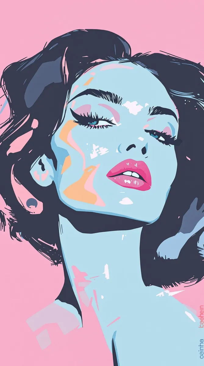 A bold vector facial portrait using vivid pastel colors inspired by Shepard Fairey and Warhol, featuring a feminine face with high contrast and minimalistic brushstrokes.