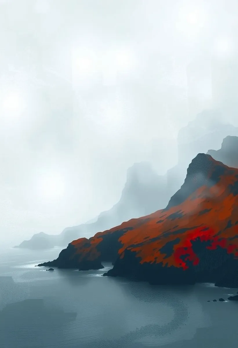 A dramatic Nordic coastline shrouded in thick fog, featuring rugged cliffs highlighted with vibrant red and dark tones, overlooking a vast, calm seascape.