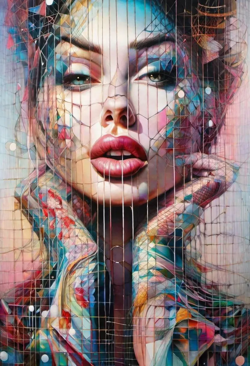 Colorful digital painting of a woman's face with detailed fishnet lace overlay and a mosaic-like intricate pattern