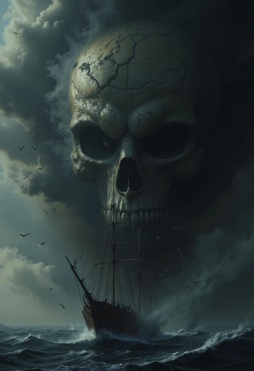 A dark stormy sea with an old sailing ship facing rough waves beneath ominous dark clouds shaped like a giant cracked skull, with birds flying around.