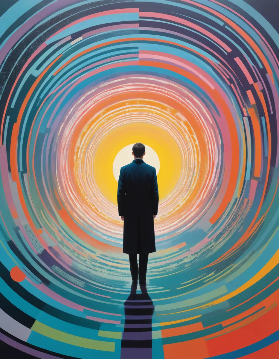 A man in a dark coat stands facing a bright circular vortex with concentric rings of colorful geometric patterns creating an optical illusion effect in Op Art style.