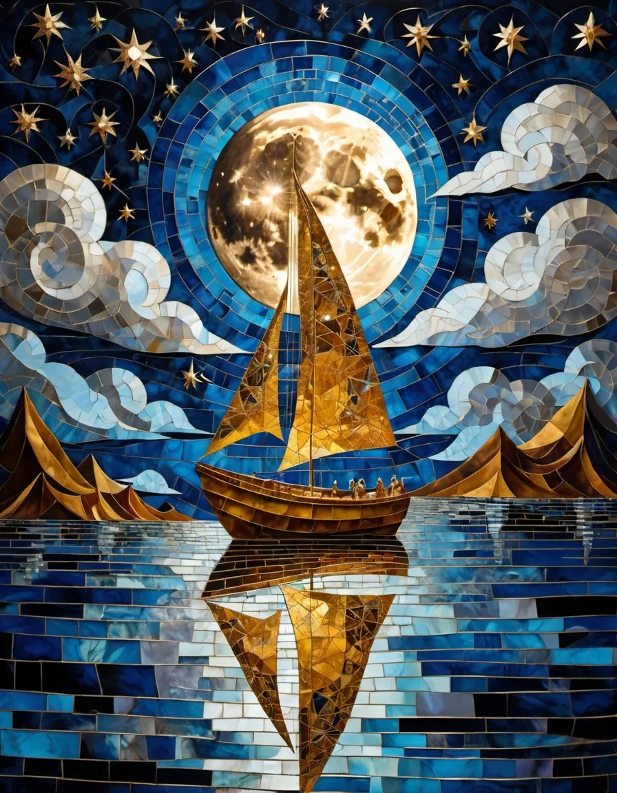 A silver boat with golden sails sails on calm blue waters under a large glowing moon surrounded by swirling clouds and shining stars in a Cubism style mosaic