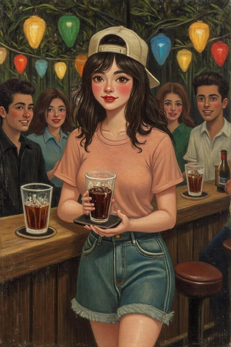 A young barmaid wearing a peach T-shirt and backwards baseball cap serves drinks in a lively bar decorated with colorful hanging lights, surrounded by patrons.