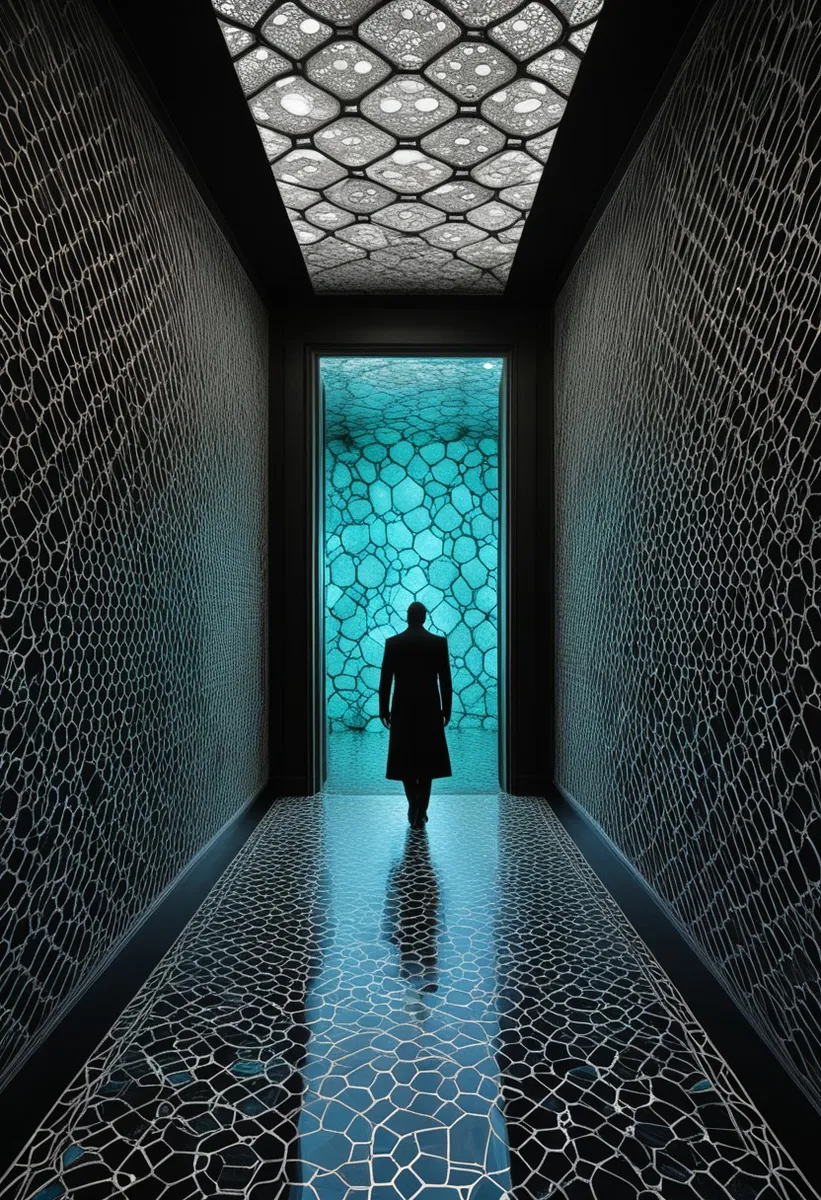 Silhouette of a lone figure standing in an abstract corridor featuring hexagonal graphene lattice patterns on the walls, ceiling and floor with a glowing blue backdrop.