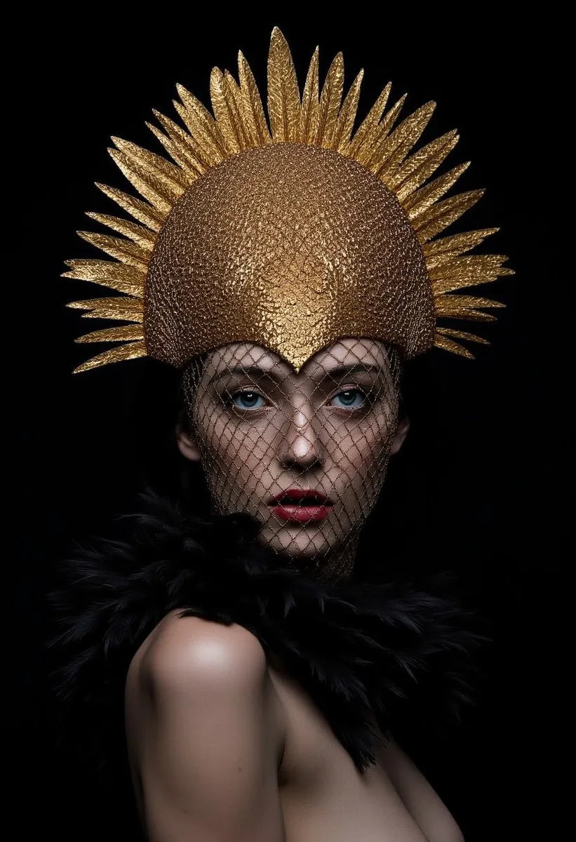 Surreal portrait of a woman against a black background wearing an intricate golden veil with feather-like details, intense blue eyes, and a high black feather collar.