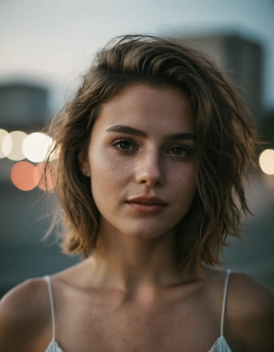 Close-up analog film photo portrait of a young woman with messy hair and natural beauty, featuring a blurred nighttime background and film grain effect.
