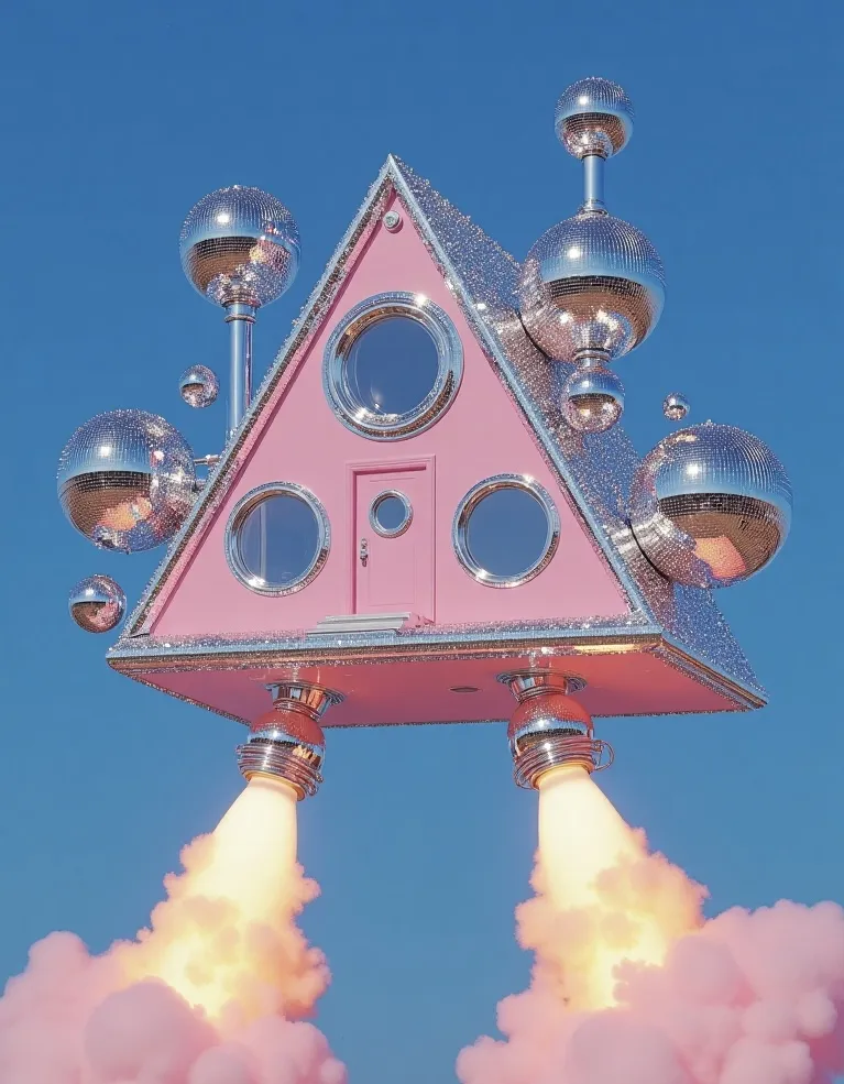 A floating triangular pink house with circular windows and reflective disco ball-like spheres attached, featuring two jet engines emitting fiery blasts beneath, set against a clear blue sky.