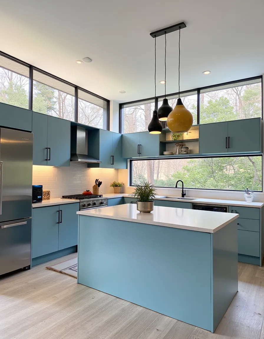 Modern kitchen interior design with light blue cabinets, kitchen island with white countertop, stainless steel fridge and stove, open shelves, and rectangular windows overlooking a forest