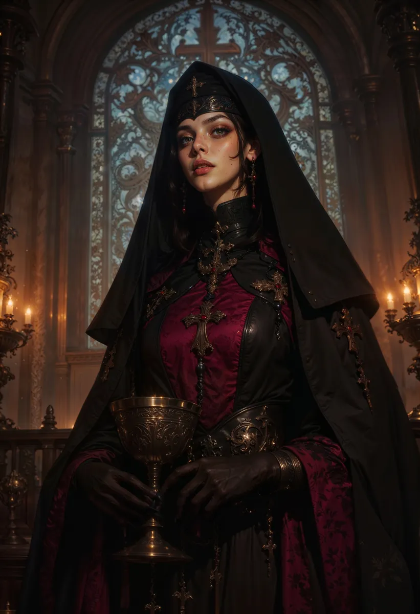 A gothic nun dressed in a black and crimson habit adorned with crosses, holding an ornate chalice inside a dimly lit chapel with stained glass windows and candlelight.