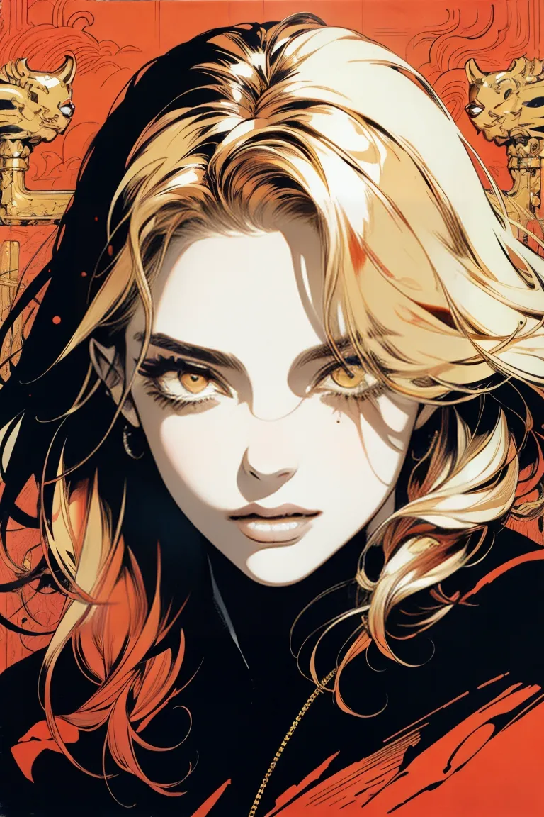 Portrait of a seductive vampire queen with golden hair and intense golden eyes, rendered in high contrast with intricate line work and warm tones.