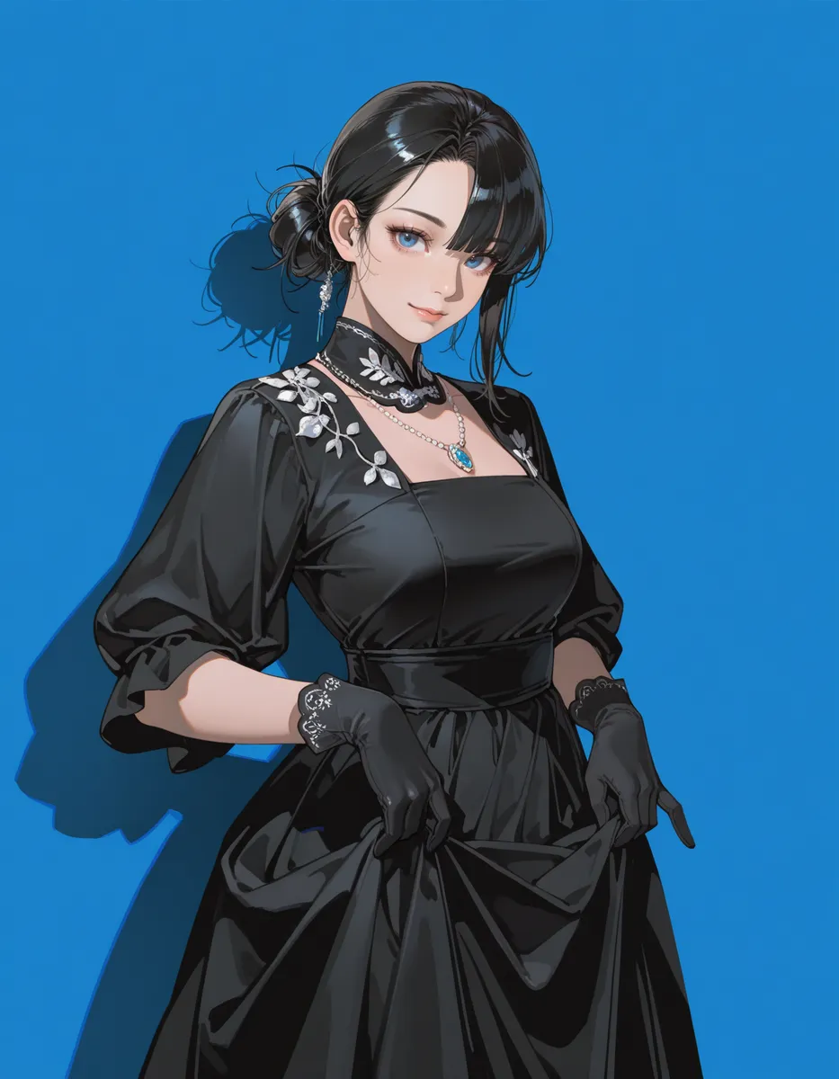 A girl with black hair in a bun wearing a black dress with embroidery, black gloves, and a necklace featuring a blue pendant stands against a blue background.