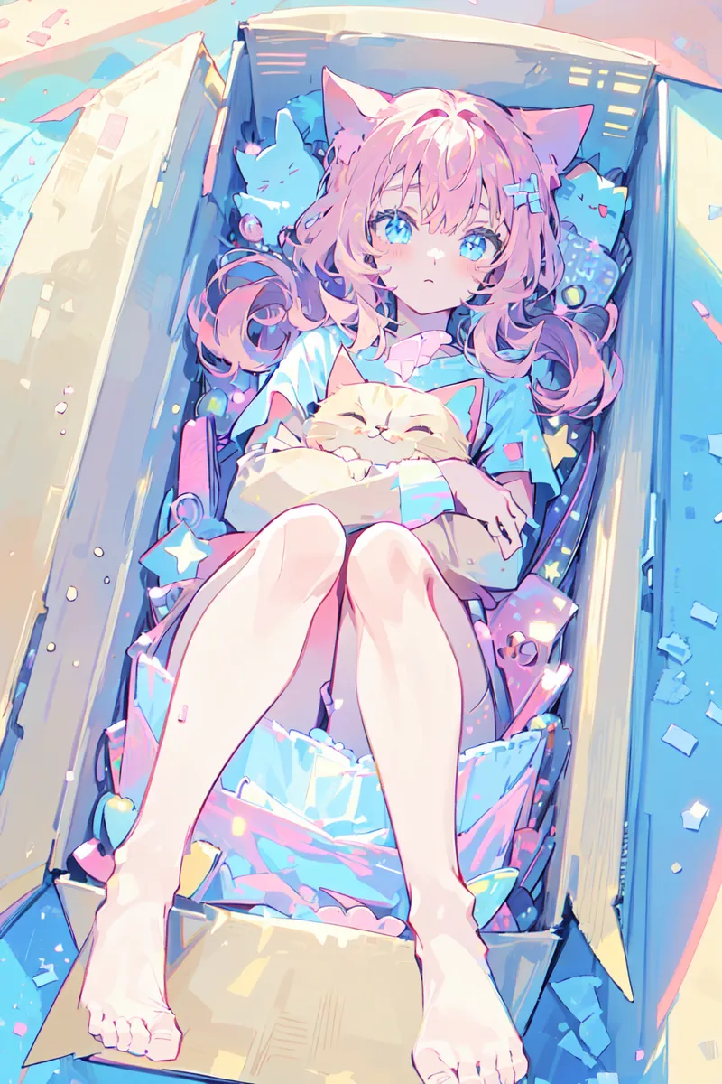 Anime girl with pink hair and cat ears lying inside a cardboard box, holding a cat plush, surrounded by colorful items and packing peanuts.