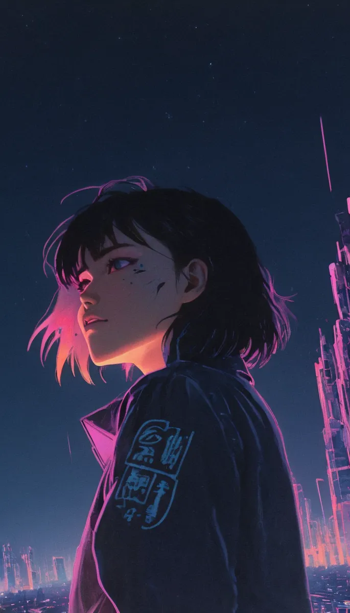 Close-up portrait of a neo PSI girl in Akira style illuminated by neon purple and pink lights with a futuristic city skyline in the background.