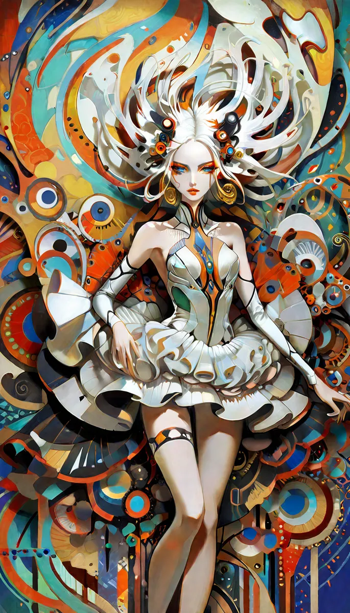 A striking portrait of a woman in avant-garde fashion with innovative makeup, wearing an intricately detailed, surrealistic dress combining cubist, baroque, and futuristic elements.