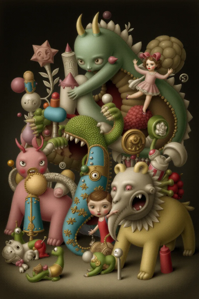 Photorealistic and intricately detailed fantasy creatures and characters inspired by children's fairy tales, featuring surreal and whimsical designs in the style of Nicoletta Ceccoli.