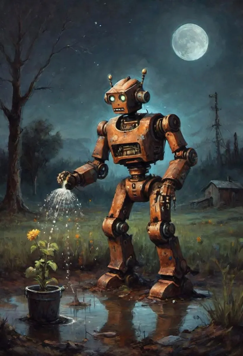 A rusty old robot watering the last plant on earth at night under a full moon in a fantasy painting style.