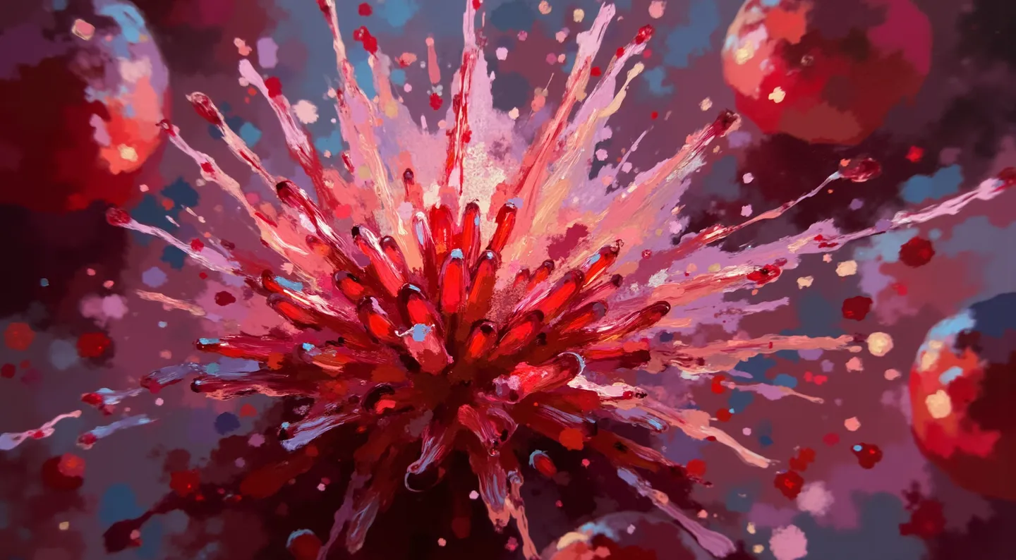 Close-up burst of juicy pomegranate seeds exploding with vibrant juice splatters and scattered plump seeds against a colorful blurred background.
