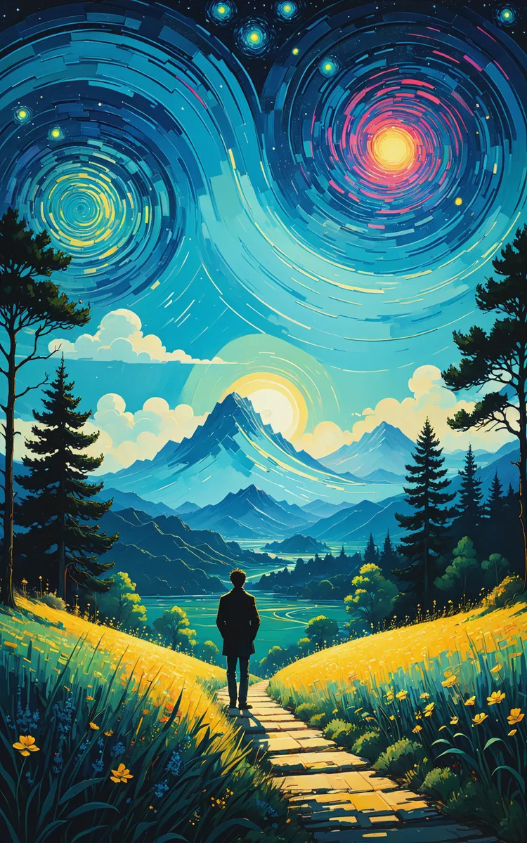 A vivid psychedelic landscape featuring a man walking on a mountain pathway surrounded by yellow flowers, with a swirling sky inspired by Van Gogh's Starry Night above.