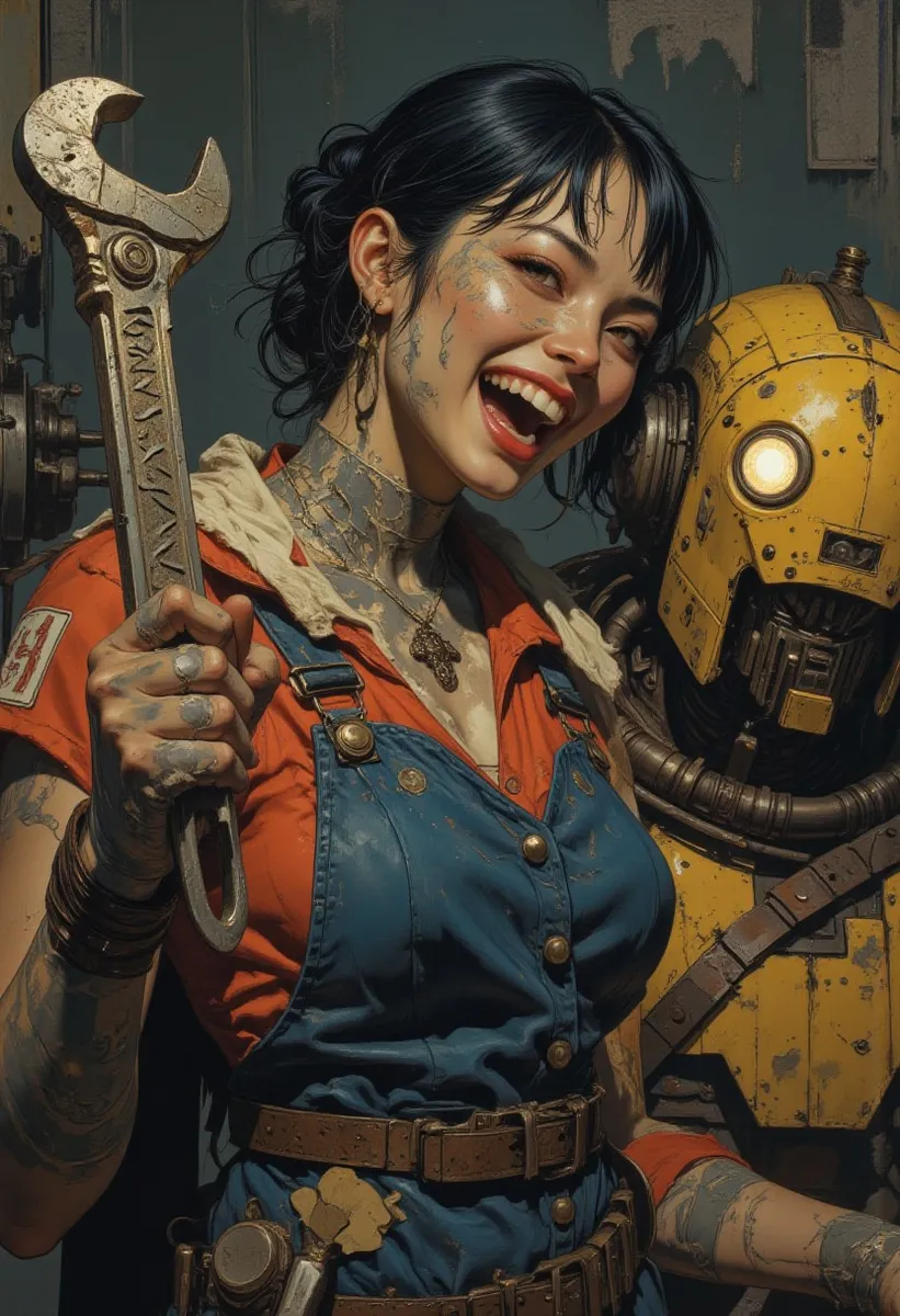 Close-up digital steampunk illustration of a happy Asian female mechanic covered in grease holding a large wrench, standing next to a yellow robot with a lit eye, set in a mechanic workshop.