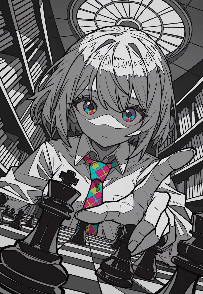 A serious expressionless character with colorful eyes and tie reaches out over a chessboard in a monochrome library with a domed ceiling, shown from a dynamic dutch angle perspective.
