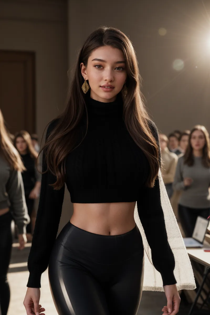 A young brunette college woman wearing black leggings and a cropped black sweater, standing in a busy study hall with lens flare lighting.