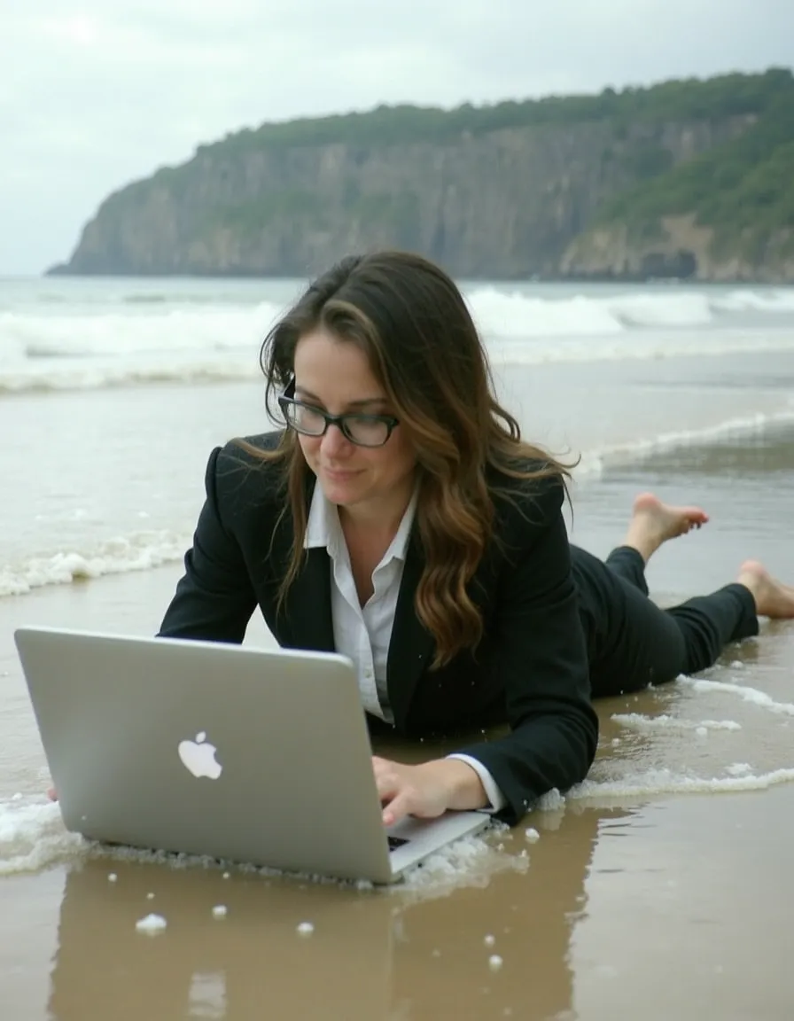 Woman wearing glasses and a black suit lying on the shore of a beach, working on a laptop as waves splash and wet the surrounding area, with cliffs in the background.