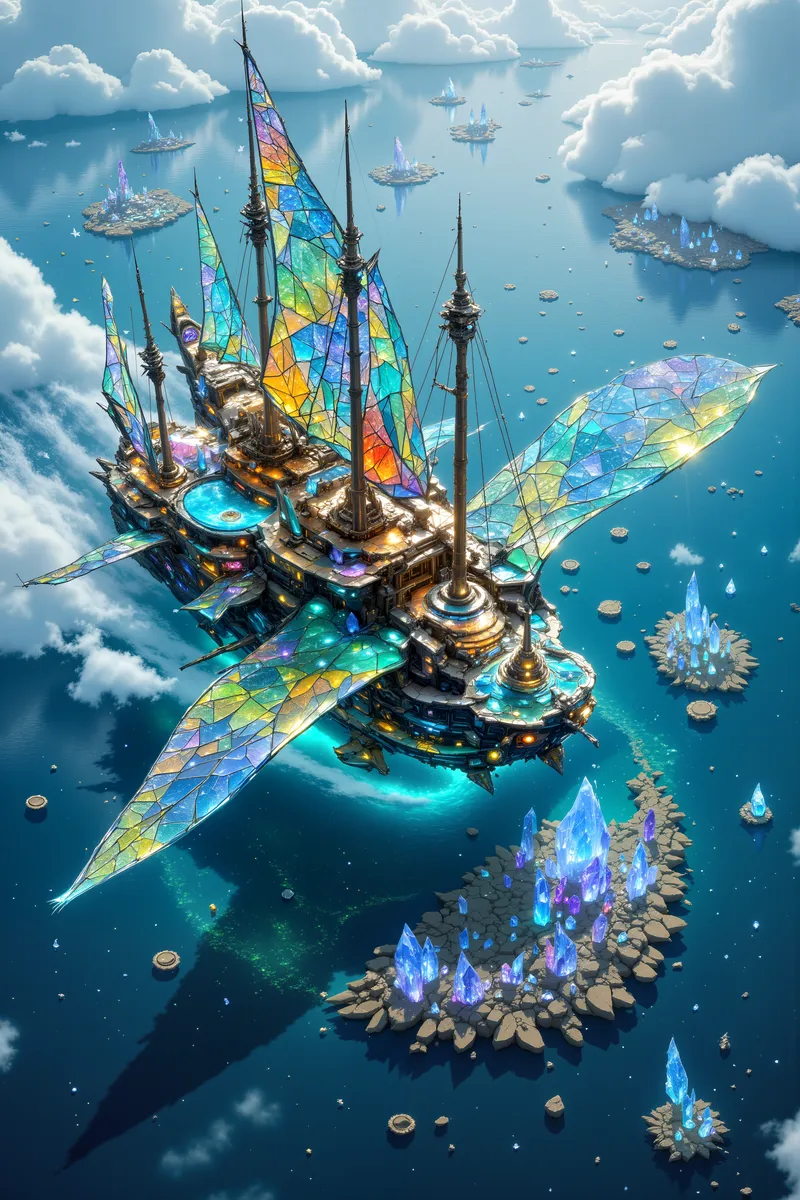A giant mechanical dragonfly-shaped trade ship with stained glass wings sails over a shimmering liquid crystal lake dotted with colorful crystal islands in bright, vivid colors.