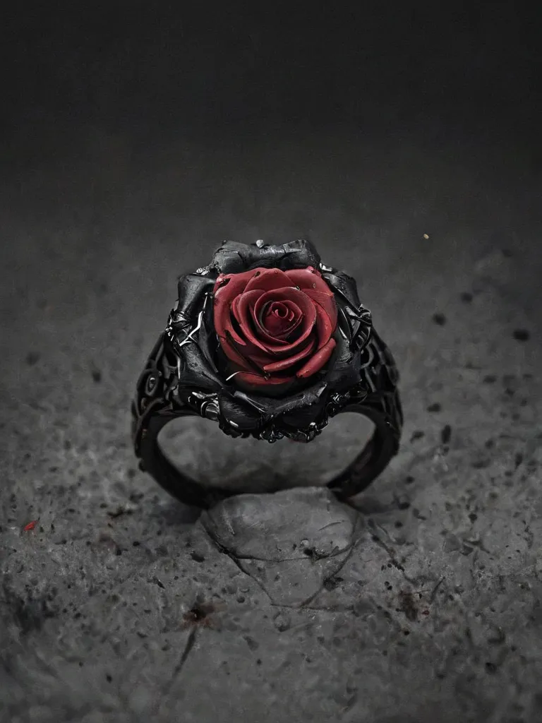 A black ring holding a red rose as its centerpiece, set against a dark, textured background with deep shadows.