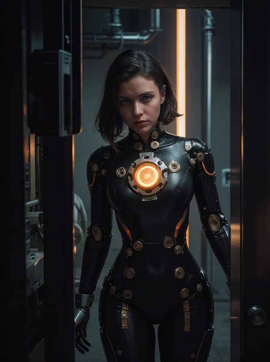 Portrait of a woman in a tight black jumpsuit with mechanical and robotic details, standing in a dimly lit industrial setting with a glowing circular light on her chest.