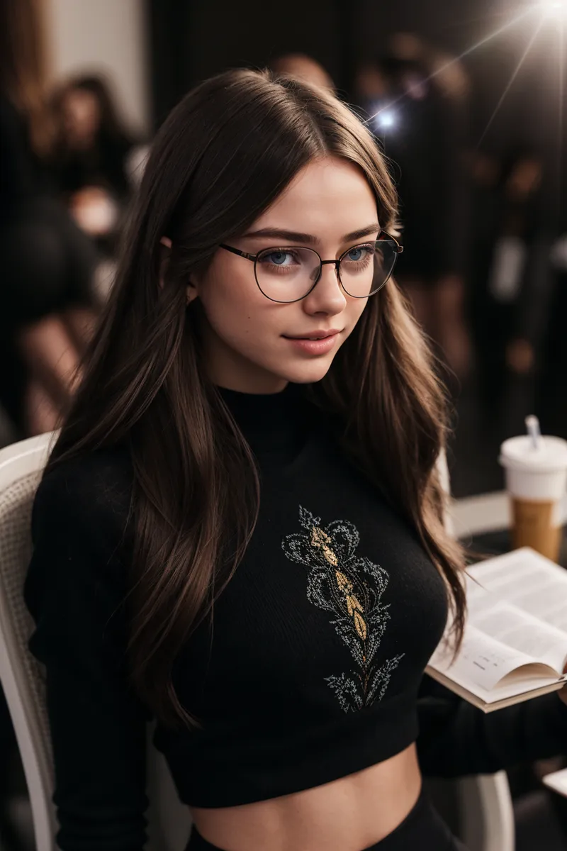 Young brunette college student wearing glasses and a black sweater studying in a packed study hall with lens flares and a soft focused background.