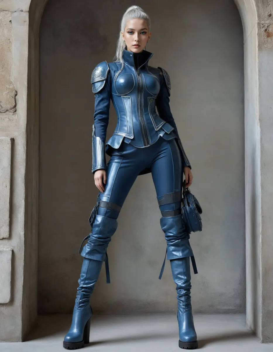 Woman in a sleek, tactical techwear outfit in Marines Blue with thigh high boots, standing in an urban, minimalistic archway, looking at the viewer.