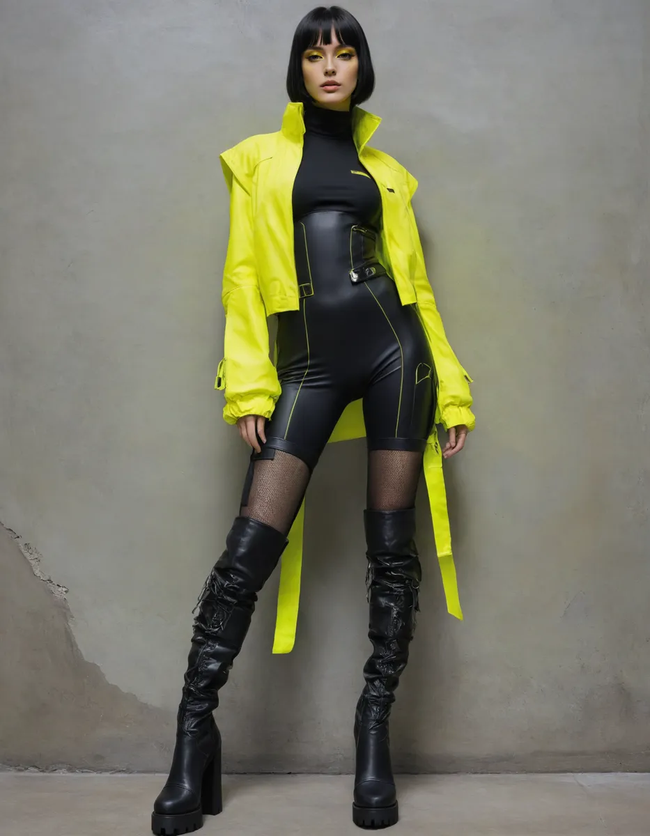 A futuristic techwear fashion model in black and neon yellow urban tactical outfit, wearing thigh-high black boots, standing against a gray wall.
