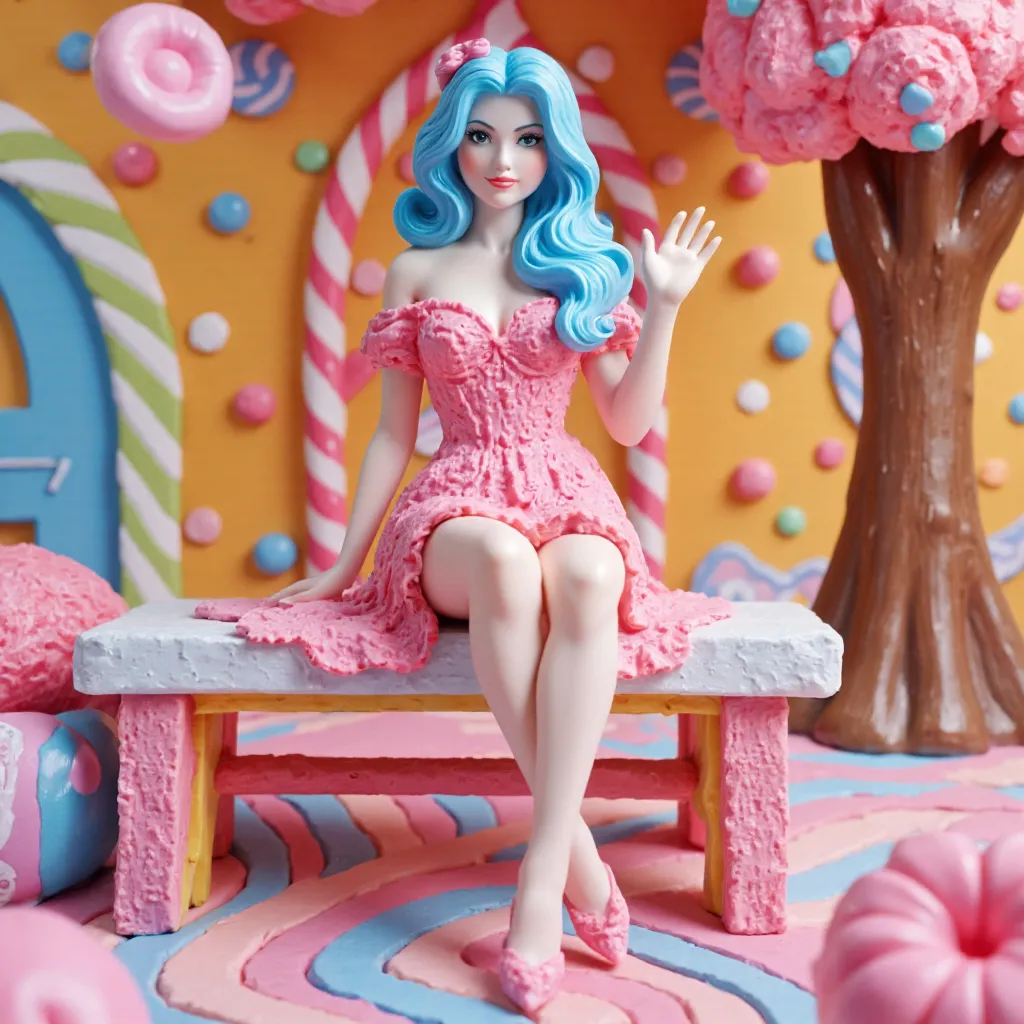 Candy sculpture of a woman with blue hair and a pink dress sitting on a bench in a colorful candy-themed environment, waving her hand.